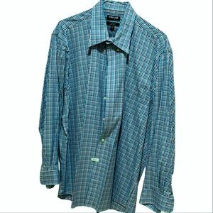 Kirkland Signature Teal, Blue, Black Plaid Casual Button-Down Shirt 18/34-35 XXL